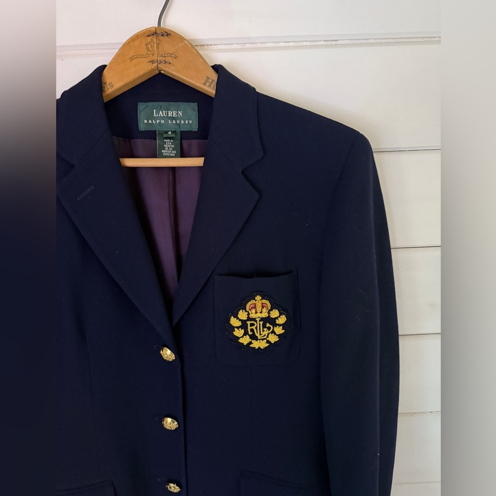 Vintage Lauren Ralph Lauren Blazer Women Sz 4 Navy Wool Crest Gold Buttons USA - Picture 2 of 5